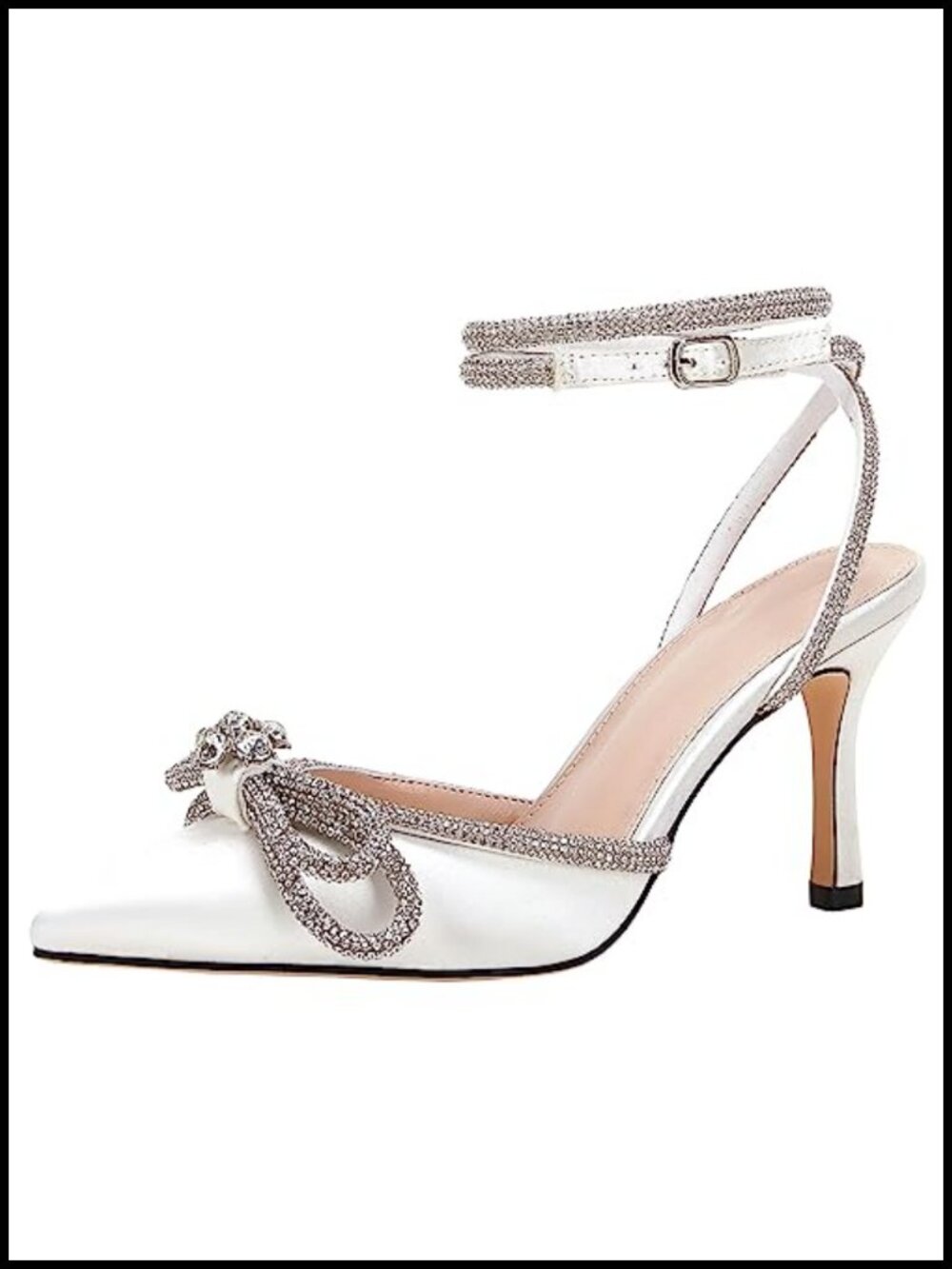 Double Bow Pointed Toe Crystal Pumps Ankle Strap Stiletto Heels